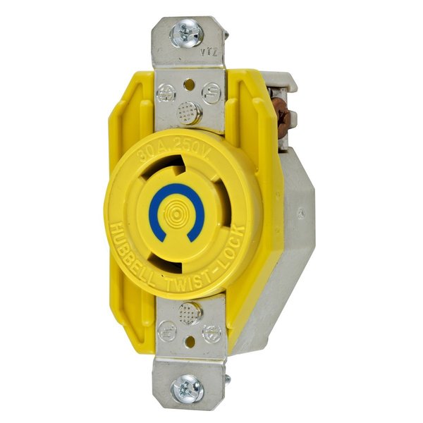 Hubbell Wiring Device-Kellems Locking Devices, Twist-Lock®, Corrosion Resistant Single Flush Receptacle, 30A, 250V AC, 2 Pole, 3 Wire Grounding, NEMA L6-30R, Yellow nylon HBL26CM20
